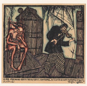 Stefan Eggeler (Austrian, 1894-1969), Der Spielmann und der Teufel im verwunschenen Schloss. The musician and the devil in the enchanted castle, 1920. Woodblock print, 17 x 18 cm.
