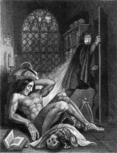 Theodore Von Holst (1810-1844), rytina pro úvodní ilustraci opraveného vydání Frankensteina Mary Shelleyové, Colburn and Bentley, Londýn 1831.