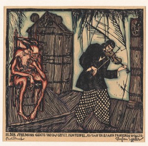 Stefan Eggeler (Austrian, 1894-1969), Der Spielmann und der Teufel im verwunschenen Schloss. The musician and the devil in the enchanted castle, 1920. Woodblock print, 17 x 18 cm.