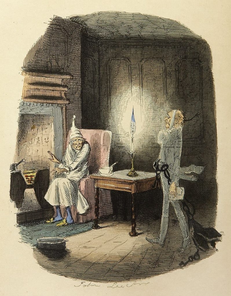 Ve Vánoční koledě Charlese Dickense navštívil Ebenezera Scrooge duch Jacoba Marleyho (ilustroval John Leech, kreslíř časopisu Punch, 1843)