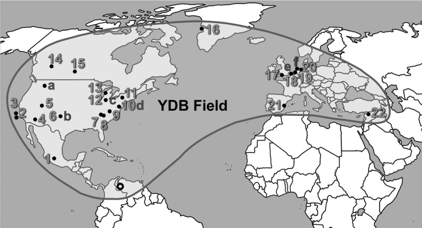 Mapa ukazující 24 lokalit s výskytem nanodiamantů z hraničního pole mladšího dryasu